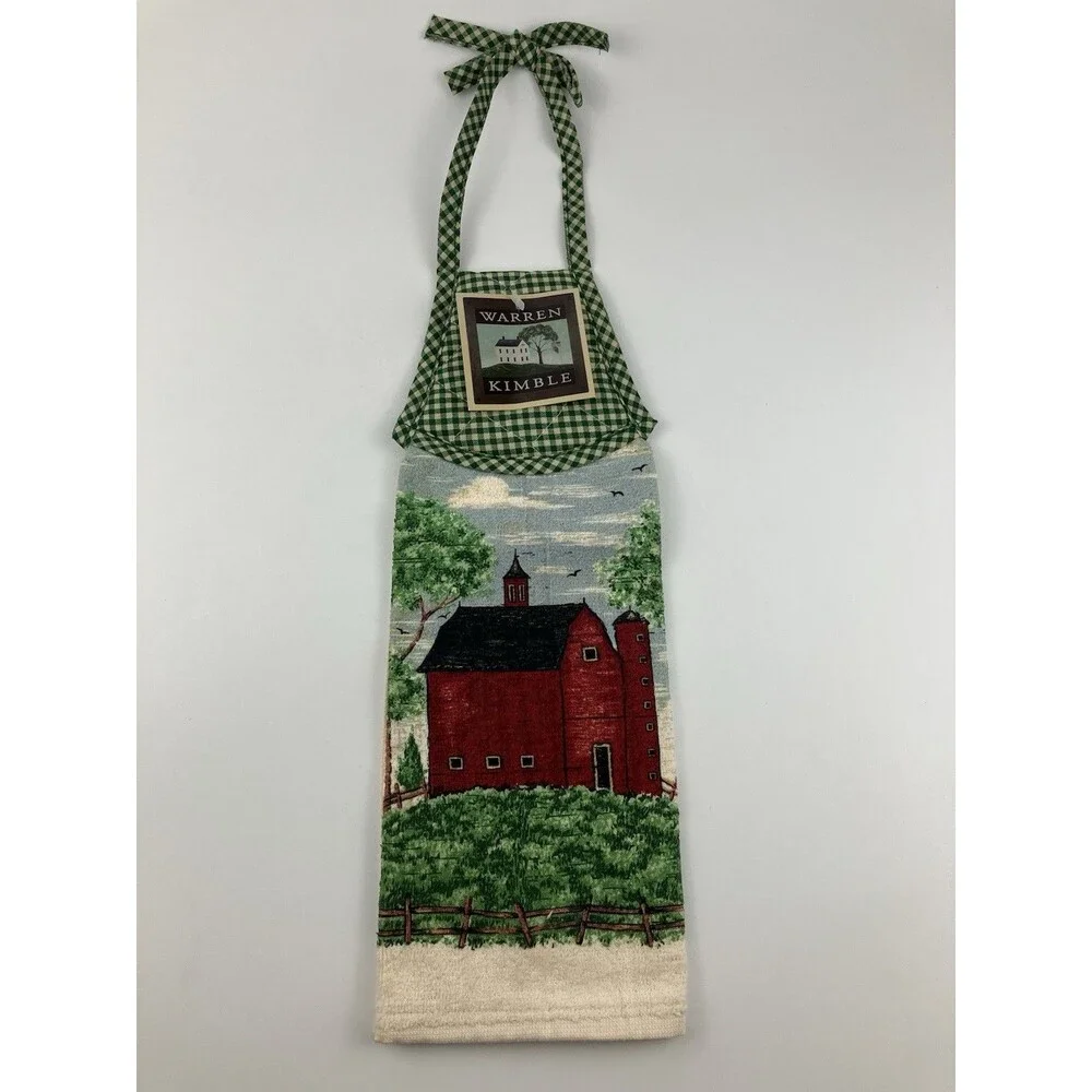 Warren Kimble Red Barn Tapestry Kitchen Set | Farmhouse Design Apron Towel VTG